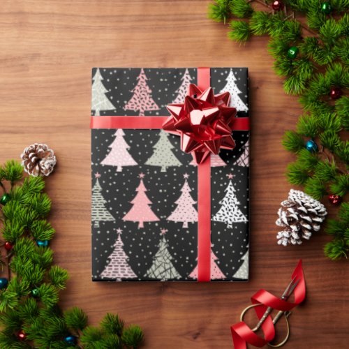 Christmas Tree Pink  Green with Black Background Wrapping Paper