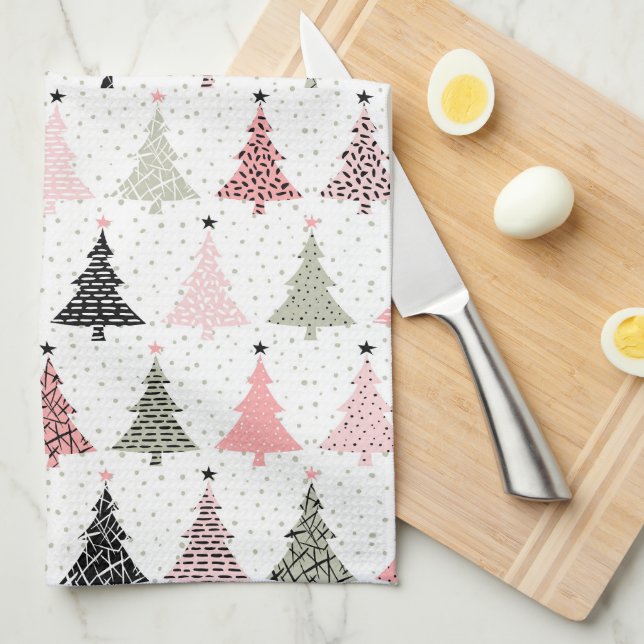 Christmas Tree Pink & Green with White Background Kitchen Towel (Quarter Fold)