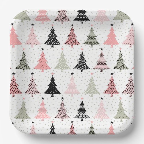 Christmas Tree Pink  Green with White Background Paper Plates