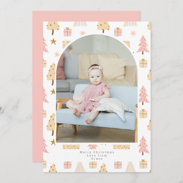 Christmas Tree Pink Pattern Photo Personalized Holiday Card (Front/Back)
