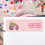 Christmas Tree Pink RV Camper Pink Label<br><div class="desc">Illustration of a pink RV with Christmas tree strapped to top. Background is pink.</div>