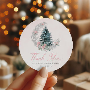Christmas tree Pink Silver Thank you Classic Round Sticker