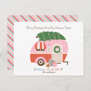 Christmas Tree Pink Vintage Retro Camper Monogram Holiday Card