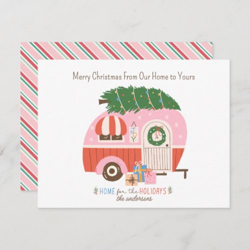 Christmas Tree Pink Vintage Retro Camper Monogram  Holiday Card