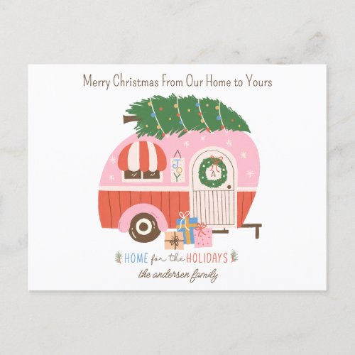Christmas Tree Pink Vintage Retro Camper Monogram  Holiday Postcard