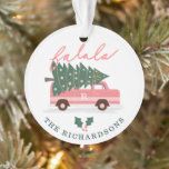 Christmas Tree Pink Vintage Retro Van Family Photo Ornament<br><div class="desc">Celebrate the magical and festive holiday season with our custom holiday Photo ornament. Our vintage holiday design features a cute girly pink retro van carrying a Christmas tree. The words fa la la are hand written. Customize with family signature and monogram. The reverse side customize with your family photo. All...</div>