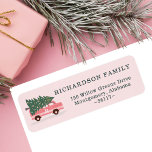 Christmas Tree Pink Vintage Van Monogram Pink Label<br><div class="desc">Celebrate the magical and festive holiday season with our custom holiday address label. Our vintage holiday design features a cute girly pink retro van carrying a Christmas tree. Customize with your family monogram that is placed on the front of the vintage pink van, as well as your family signature and...</div>