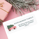 Christmas Tree Pink Vintage Van Monogram White Label<br><div class="desc">Celebrate the magical and festive holiday season with our custom holiday address label. Our vintage holiday design features a cute girly pink retro van carrying a Christmas tree. Customize with your family monogram that is placed on the front of the vintage pink van, as well as your family signature and...</div>