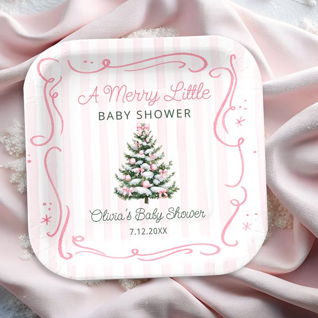 Christmas Tree Pink Winter Baby Shower Paper Plates (Creator Uploaded)