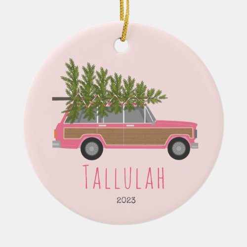 Christmas Tree Pink Wood SUV Wagon Car Ceramic Ornament