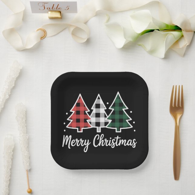 Christmas Tree Plaid Christmas Tree Merry Xmas Paper Plates (Wedding)
