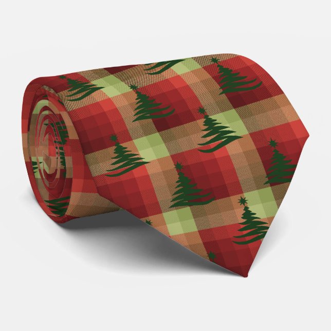 Christmas Tree Plaid Red Two-Sided Tie (Rolled)