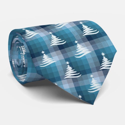 Christmas Tree Plaid Teal  Denim Blue Two_Sided Neck Tie