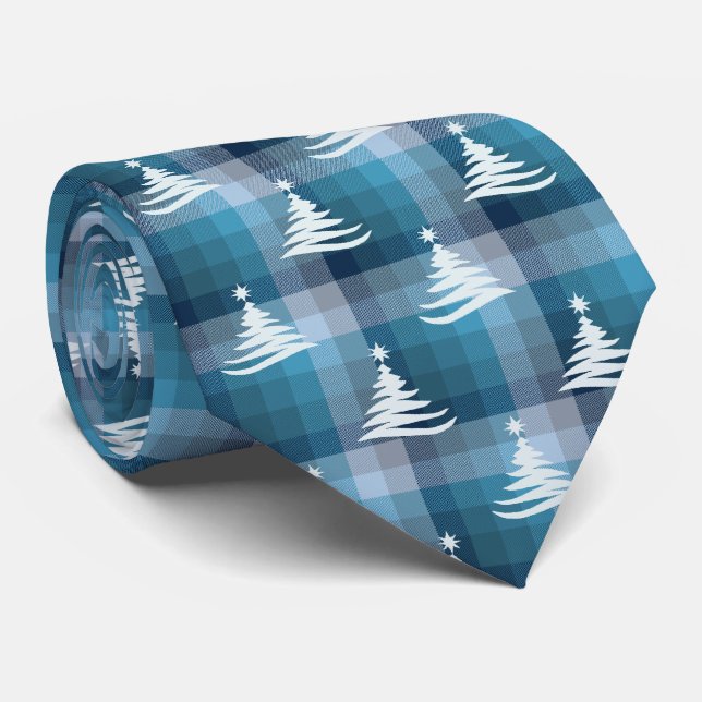 Christmas Tree Plaid Teal & Denim Blue Two-Sided Neck Tie (Rolled)