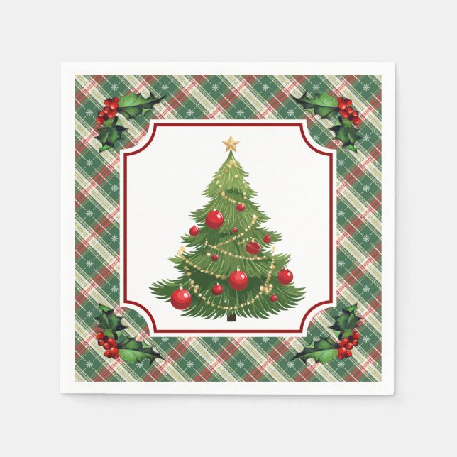 Christmas Tree Plaid with Holly Napkins (Front)