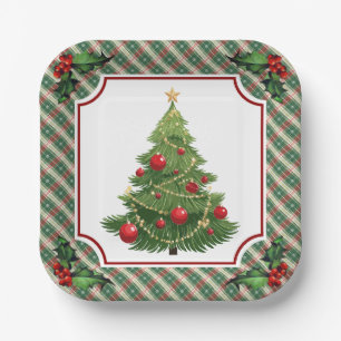 Christmas Tree Plaid with Holly Paper Plates