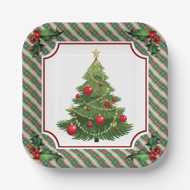 Christmas Tree Plaid with Holly Paper Plates (Front)