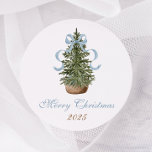 Christmas Tree Preppy Bow Blue Christmas Classic Round Sticker<br><div class="desc">Add a charming touch to your holiday gifts with these personalized stickers featuring a delightful watercolor festive green Christmas tree,  adorned with a beautiful blue bow.</div>