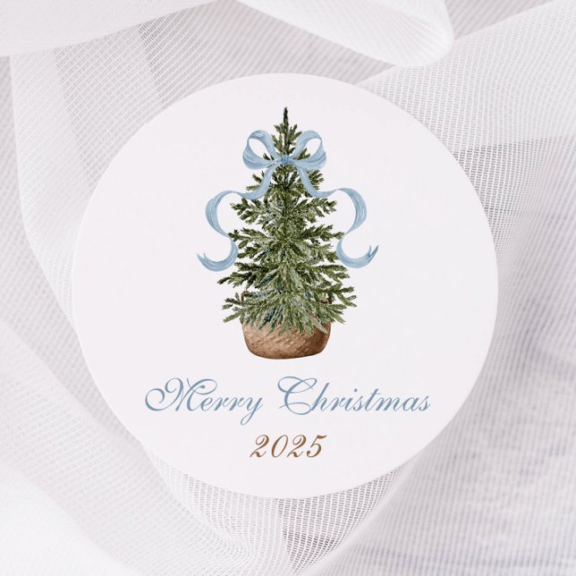 Christmas Tree Preppy Bow Blue Christmas Classic Round Sticker (Creator Uploaded)