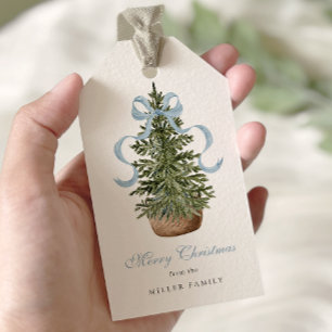 Christmas Tree Preppy Bow Blue Christmas Gift Tags