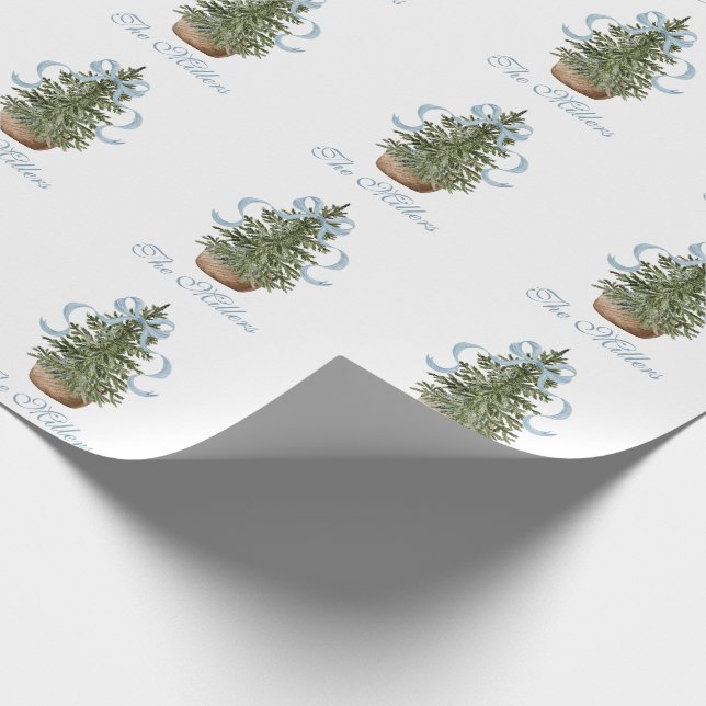 Christmas Tree Preppy Bow Blue Christmas Wrapping Paper (Corner)