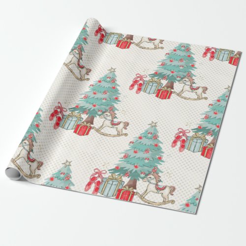 Christmas tree presents and rocking horse wrapping paper