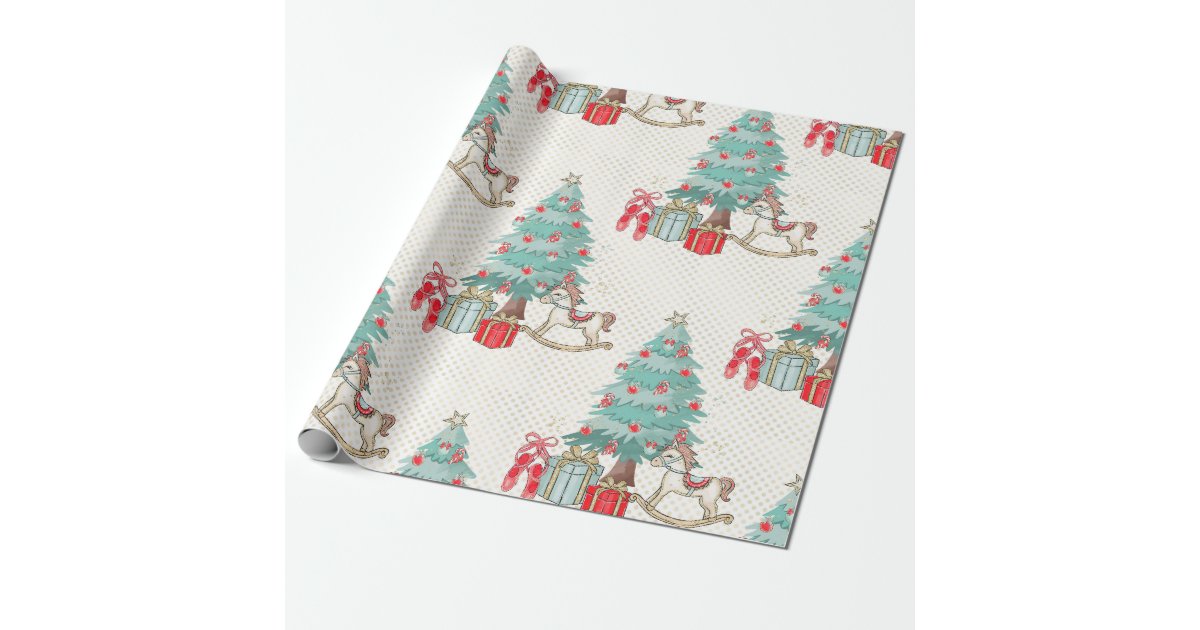 Christmas tree, presents and rocking horse wrapping paper | Zazzle