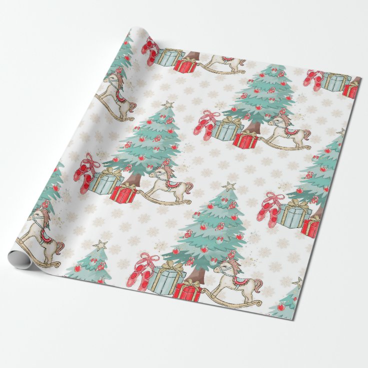 Christmas tree, presents and rocking horse wrapping paper | Zazzle