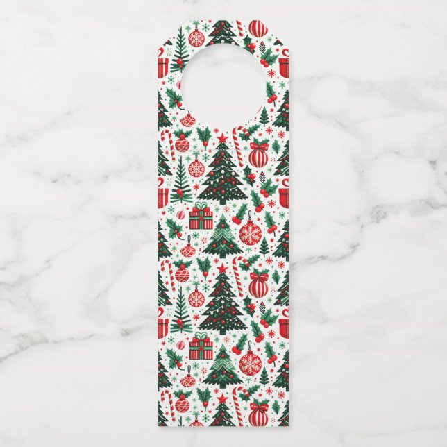 Christmas tree, presents, candy cane bottle hanger tag (Front)
