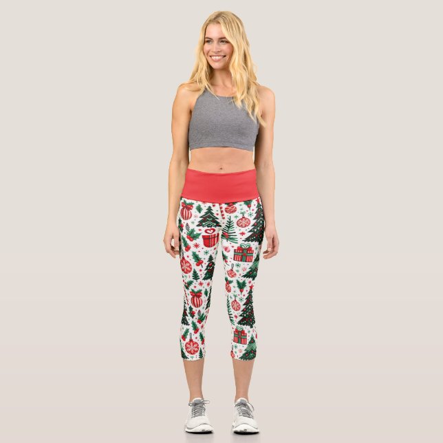 Christmas tree, presents, candy cane capri leggings (Front)
