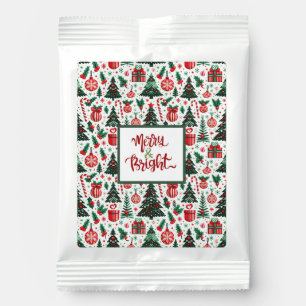 Christmas tree, presents, candy cane hot chocolate drink mix