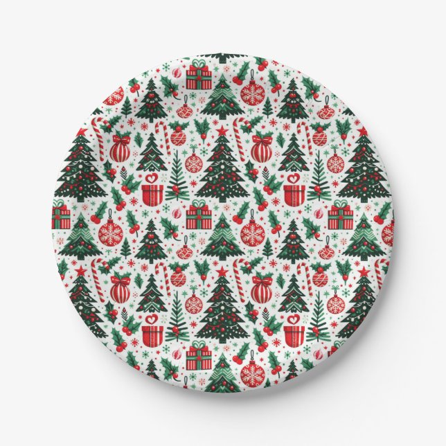 Christmas tree, presents, candy cane paper plates (Front)