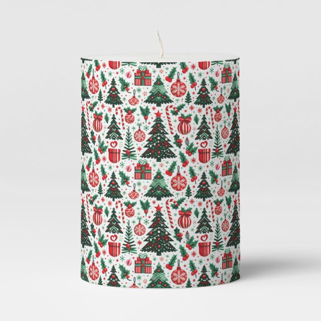 Christmas tree, presents, candy cane pillar candle (Front)