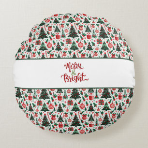 Christmas tree, presents, candy cane round pillow