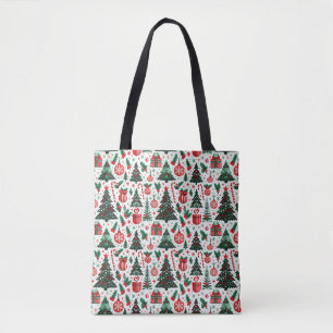 Christmas tree, presents, candy cane tote bag