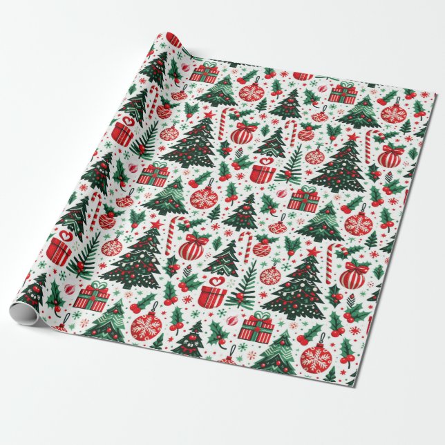 Christmas tree, presents, candy cane wrapping paper (Unrolled)
