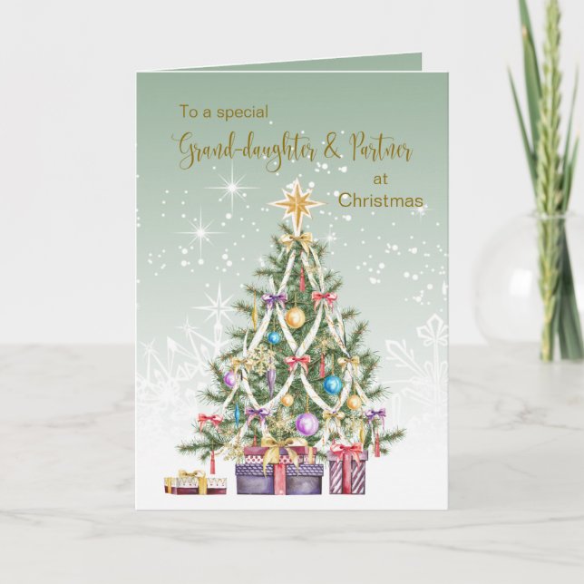Christmas tree, presents, Granddaughter & Partner Holiday Card (Front)