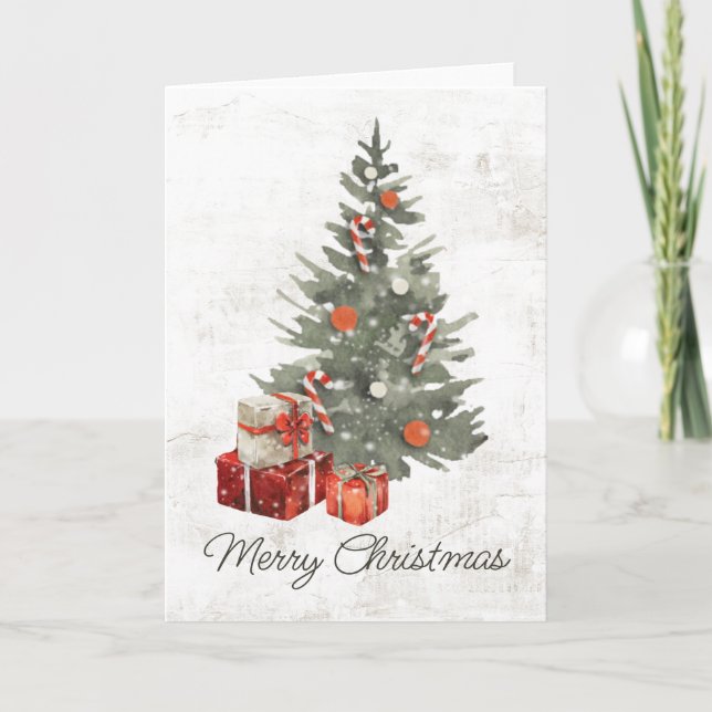 Christmas Tree Presents Merry Christmas Candy Cane Holiday Card (Front)