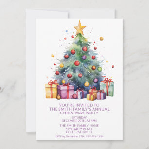 Christmas Tree Presents Purple Party Invitation