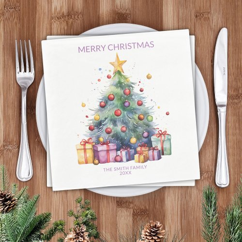 Christmas Tree Presents Purple Party Napkins