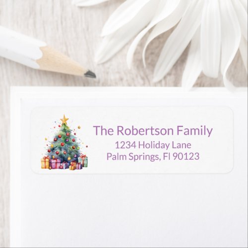 Christmas Tree Presents Purple Return Address Label