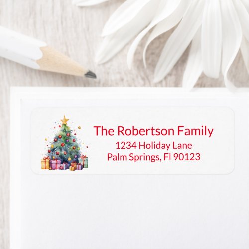 Christmas Tree Presents Red Return Address Label