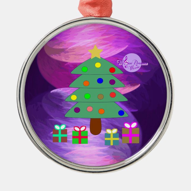 Christmas Tree & Presents Silver Round Ornament (Front)