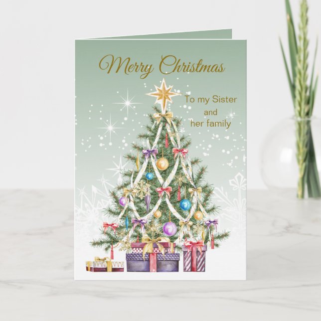 Christmas tree, presents, Sister & her family Holiday Card (Front)