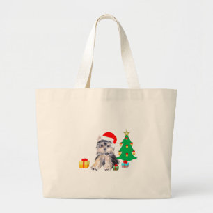 Christmas tree, puppy dog and gift art large tote bag