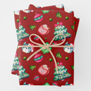 Christmas Tree, Puppy, Ornaments, Hot Chocolate Wrapping Paper Sheets