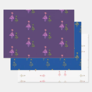 Christmas Tree Purple Navy White Gold Metallic Wrapping Paper Sheets