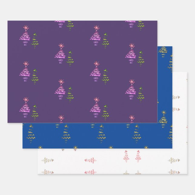Christmas Tree Purple Navy White Gold Metallic Wrapping Paper Sheets (Set)