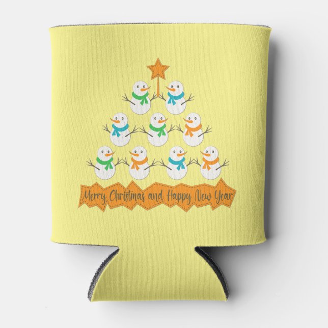 Christmas tree pyramid made of xmas snowmen can cooler (Front)