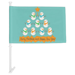 Christmas tree pyramid made of xmas snowmen car flag